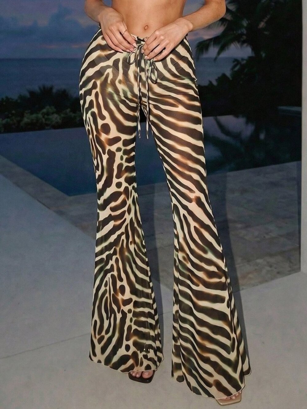 Multicolor Sexy Women's Waist Ruffle Tie Design Zebra Print Flare Pants - Picture 5 of 6